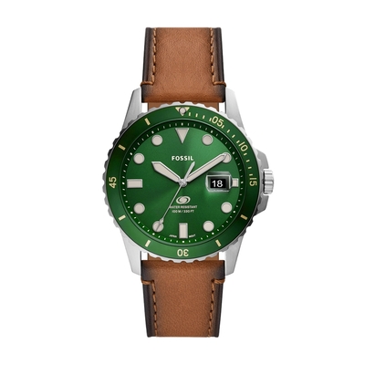 FOSSIL 個性型男皮革時尚腕錶-咖啡X綠-FS5946-42mm