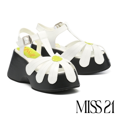 涼鞋 MISS 21 敏感大花花少女簍空撞色Super高方頭厚底涼鞋－白