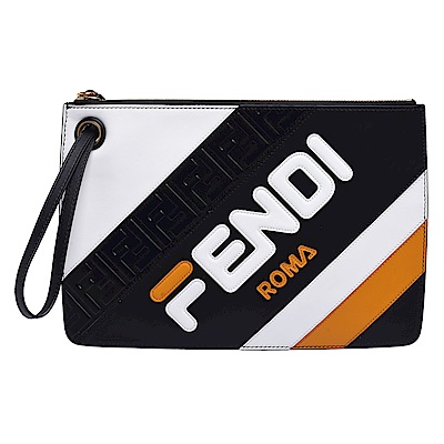 FENDI MANIA系列品牌LOGO牛皮拉鍊手拿包(中-黑X黃)