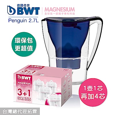 BWT德國倍世 Mg2+鎂離子健康濾水壺2.7L(藍)+8週長效濾芯(3+1入)(共5芯)