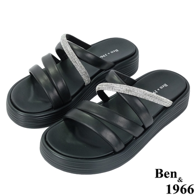 Ben&1966高級柔軟羊皮鑽條厚底涼拖鞋-黑(236501)
