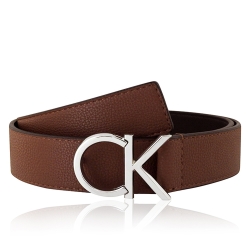 Calvin Klein 焦糖色皮革LOGO銀釦紳士皮帶(S-XL號/30-44吋)