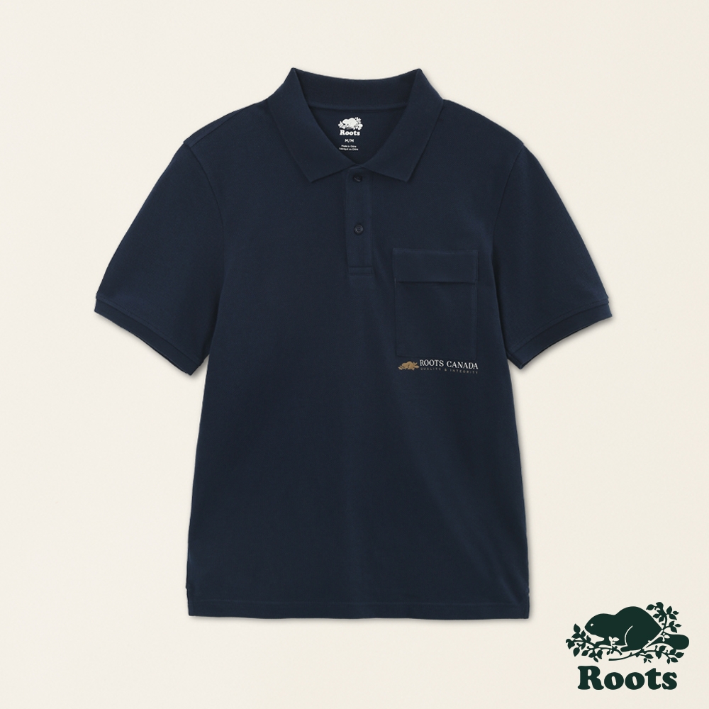 Roots男裝-舒適生活系列 左胸口袋文字LOGO POLO衫-深藍色