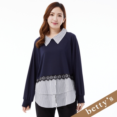 betty’s貝蒂思 假兩件條紋拼接翻領落肩上衣(深藍色)