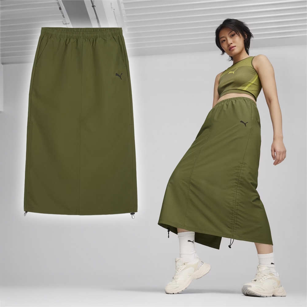 Puma 長裙 Dare To Midi Woven Skirt 女款 綠 黑 抽繩 側縫拉繩 裙子 62429333