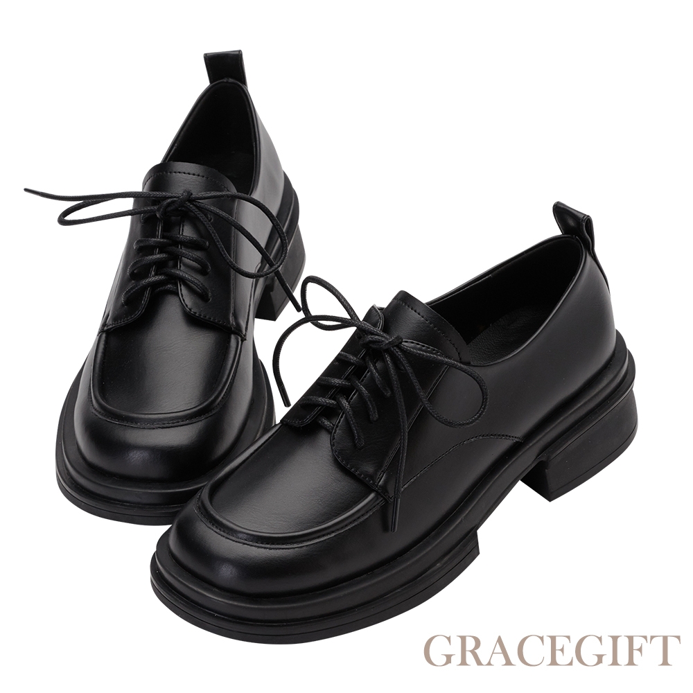 【Grace Gift】學院風綁帶中跟牛津鞋 黑