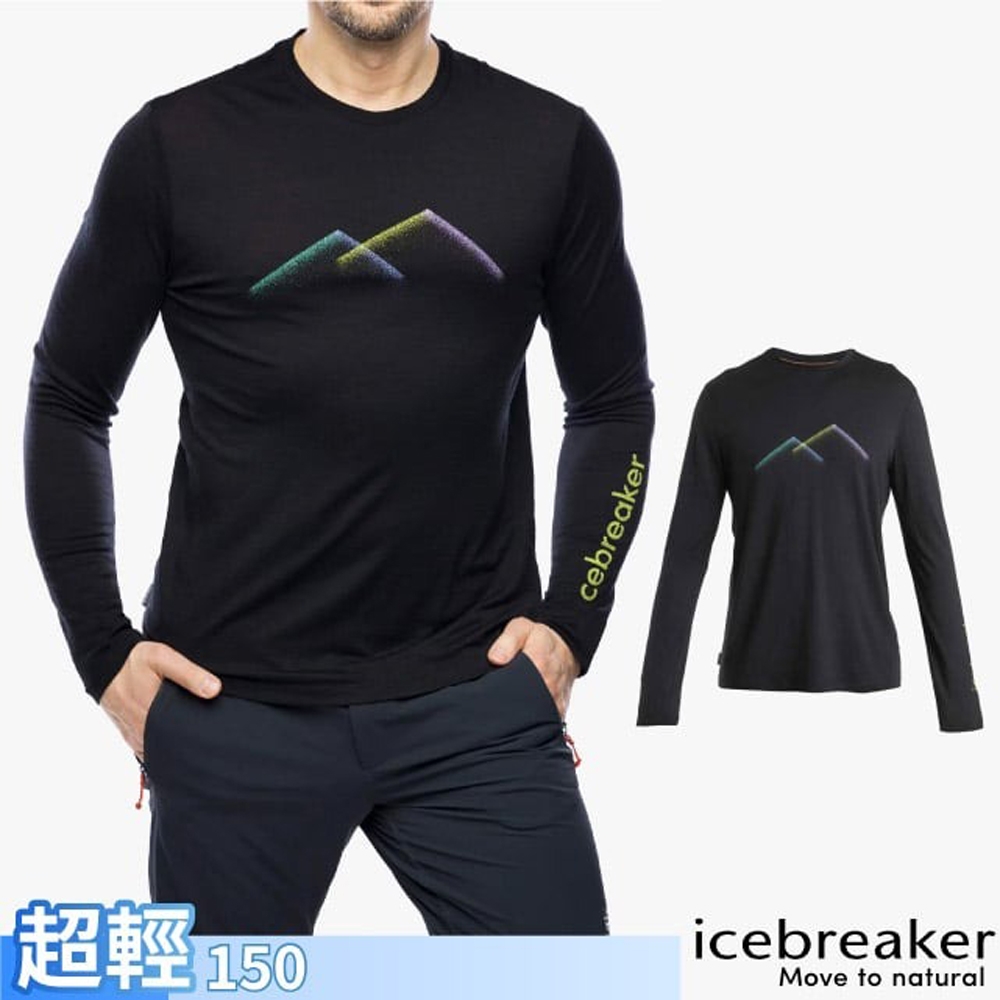 【Icebreaker】男 100%美麗諾羊毛 Tech Lite III 圓領長袖上衣(絢麗山岳)-150.T恤_IB0A56WJ-001 黑