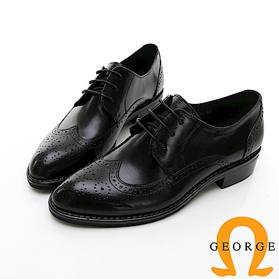 【GEORGE 喬治皮鞋】女紳綁帶雕花牛津中跟鞋-黑色