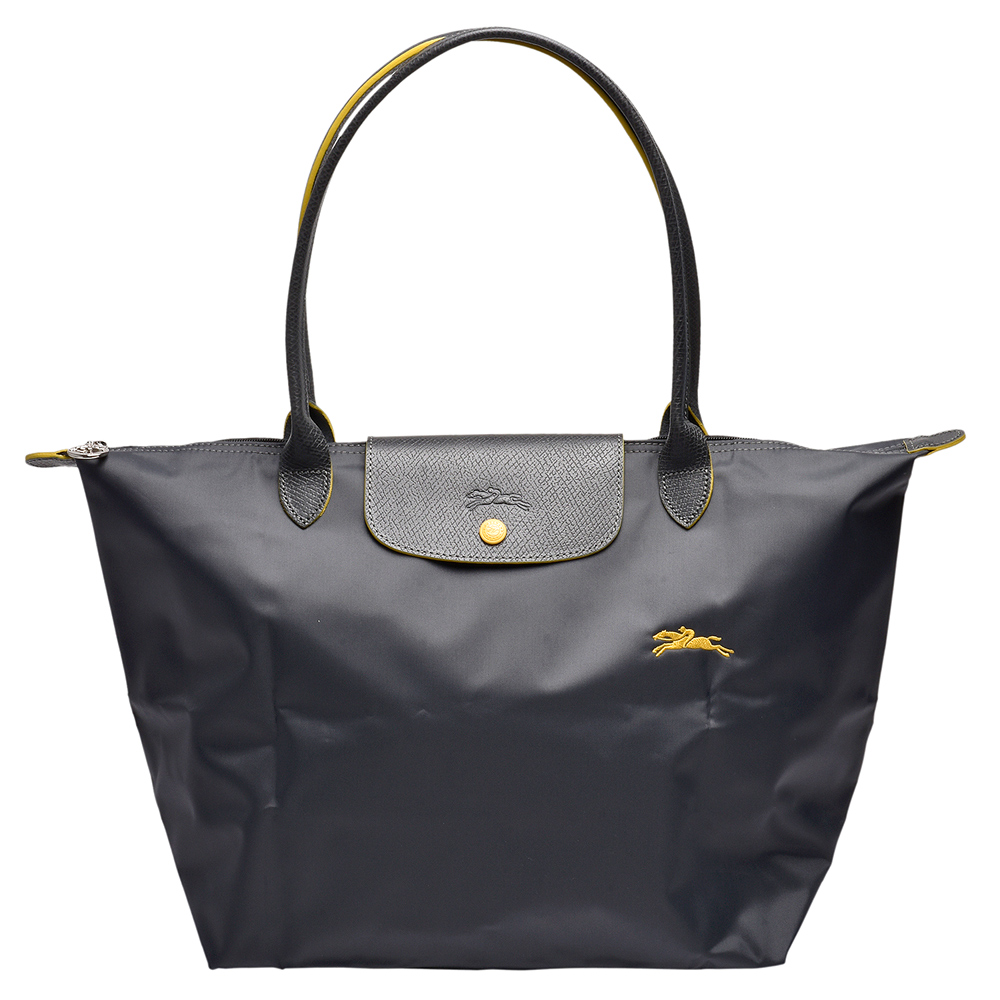 LONGCHAMP 經典Collection刺繡摺疊暗釦/拉鍊長提把尼龍水餃包-大-鐵灰色