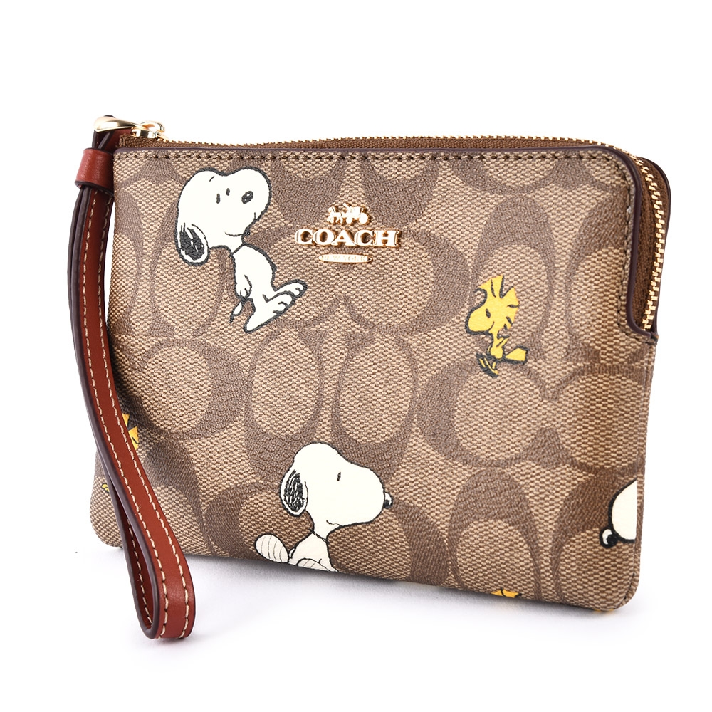 COACH X PEANUTS SNOOPY與WOODSTOCK 滿版C LOGO PVC皮革L型拉鍊手拿包