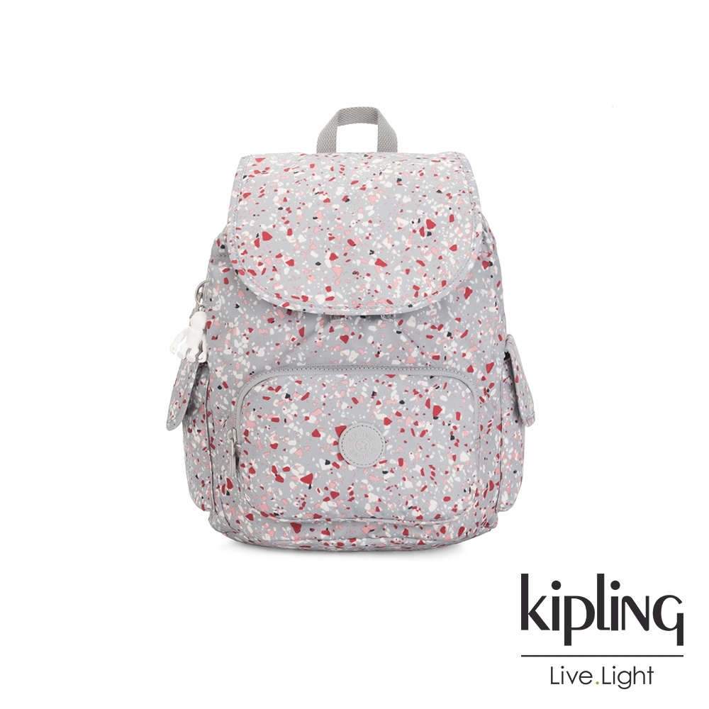 Kipling 繽紛水磨石圖樣拉鍊掀蓋後背包-CITY PACK S