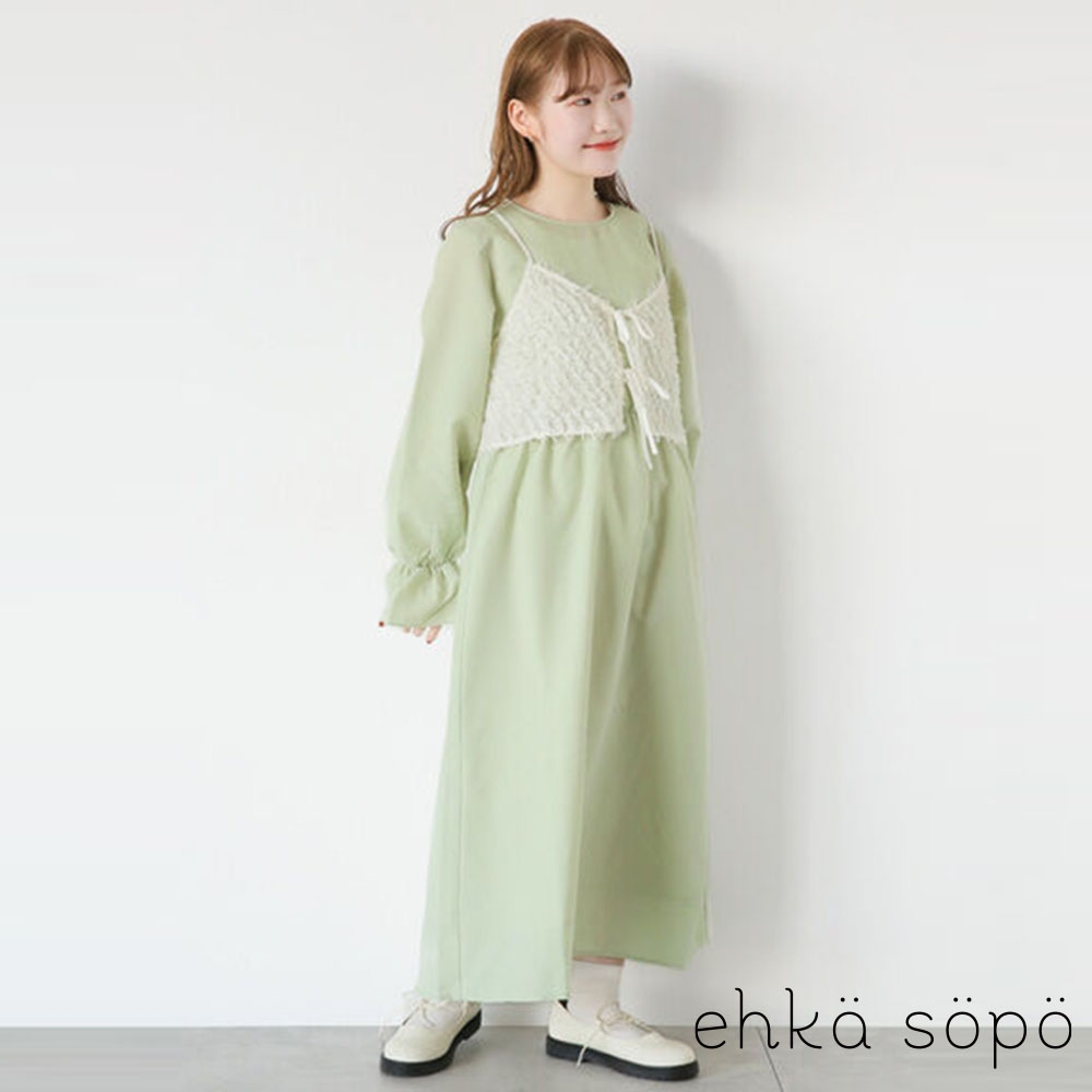 ehka sopo  【SET ITEMS】甜美羽毛緞帶背心+素色圓領糖果袖洋裝