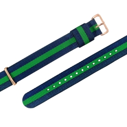 Watchband DW 各品牌通用 時尚撞色 鍍玫瑰金不鏽鋼扣頭 尼龍錶帶-藍x綠