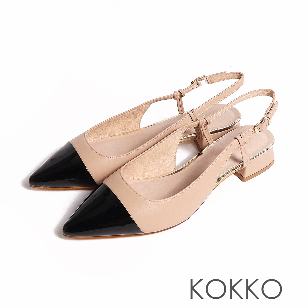 KOKKO異材質拼接小香風顯瘦為彎折半包鞋裸膚色