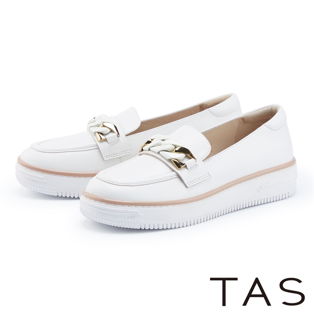 TAS 鍊條裝飾真皮厚底休閒鞋 白色