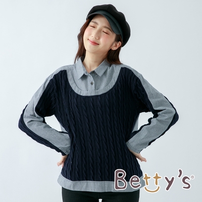 betty’s貝蒂思 針織拼接襯衫領造型上衣(深藍)
