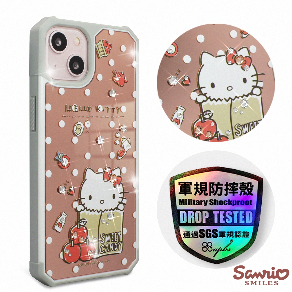 三麗鷗 Kitty iPhone 13 6.1吋軍規防摔鏡面水晶彩鑽手機殼-蘋果凱蒂