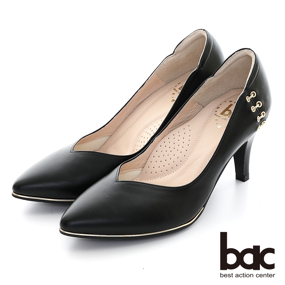 【bac】尖頭大圓層疊金屬飾釦舒適軟墊高跟鞋-黑