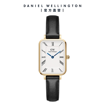 Daniel Wellington DW 手錶 QUADRO Roman numerals 20x26mm 小藍針系列寂靜黑皮革小方錶(兩色任選)