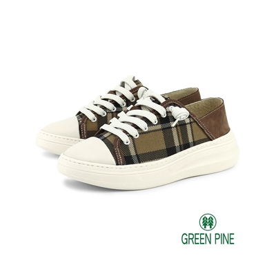 GREEN PINE拼接格紋免綁帶圓頭休閒鞋咖色(00142093)