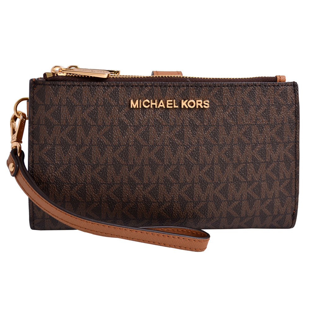 MICHAEL KORS JET SET金字LOGO滿版防刮皮革雙層手拿長夾-咖啡