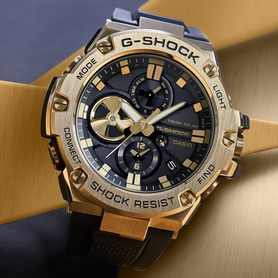 CASIO 卡西歐 G-SHOCK 太陽能x藍牙連線 奢華黑金三眼腕錶 母親節 禮物 53.8mm / GST-B100GB-1A9