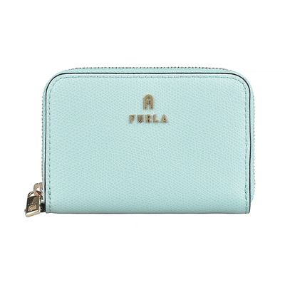 FURLA Camelia拱門字母LOGO牛皮2卡拉鍊零錢包(薄荷藍x棉花糖白)