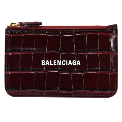 BALENCIAGA 印字LOGO圓角鱷魚紋牛皮多卡證件零錢包(深酒紅)