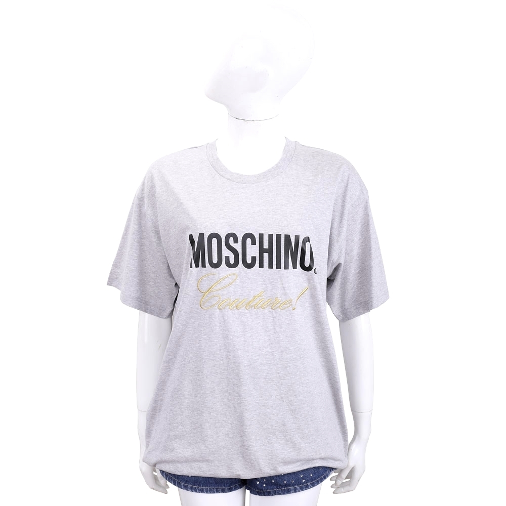 MOSCHINO 刺繡草寫字母寬鬆版灰色T恤