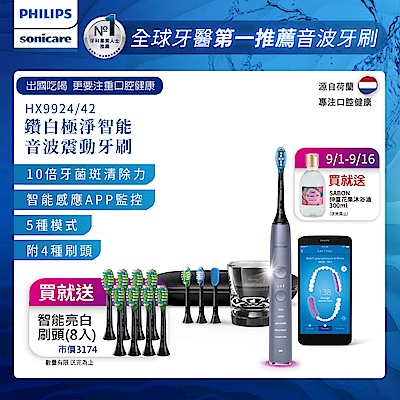 【Philips 飛利浦】鑽石靚白智能音波震動牙刷/電動牙刷HX9924/42(絢光銀)+送8刷