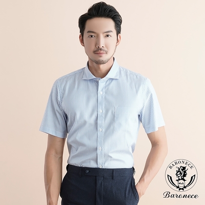BARONECE 日式直條舒適純棉短袖襯衫_藍(520423-09)