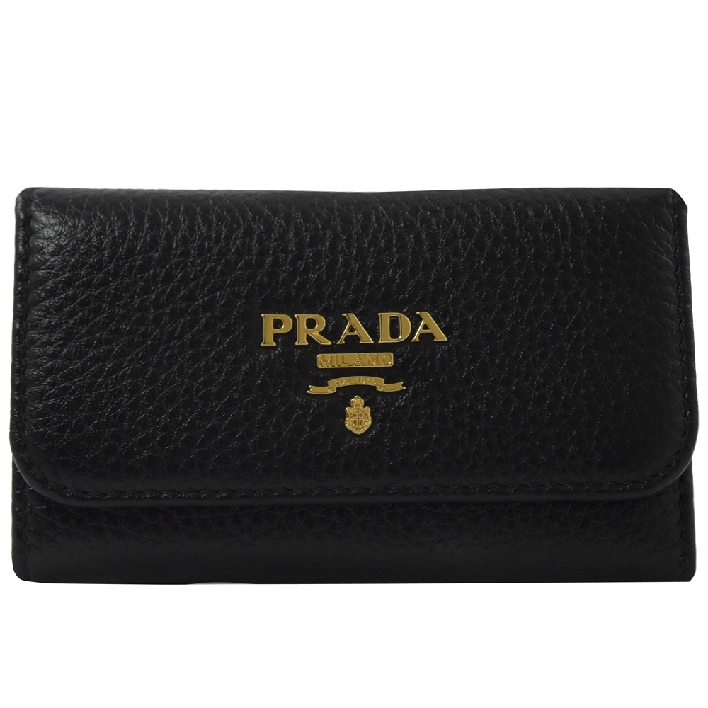 PRADA 金屬LOGO荔枝牛皮六孔鑰匙鎖包(黑)