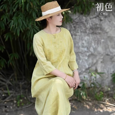 初色 棉麻風純色刺繡圓領五分袖短袖寬鬆中長裙連衣裙連身洋裝-淺黃色-34806(M-2XL可選)