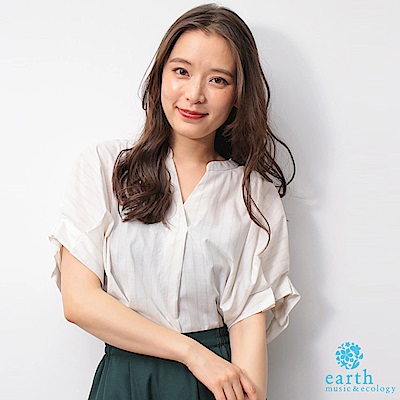 earth music 涼感抓皺蓬袖打摺襯衫上衣