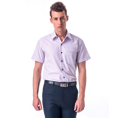 金安德森 粉紫條紋黑釦窄版短袖襯衫