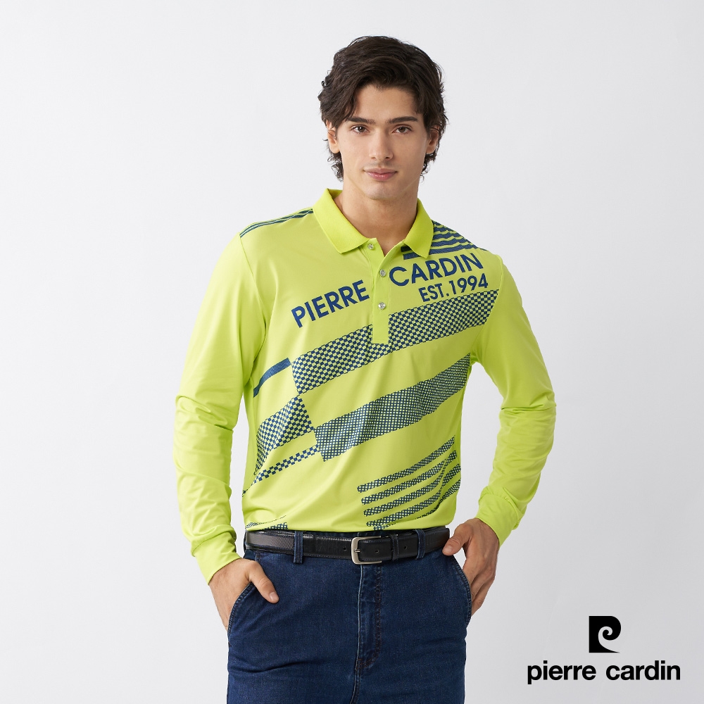 Pierre Cardin皮爾卡登 男款 吸濕排汗胸前印花長袖polo衫-草綠色(3235201-45)