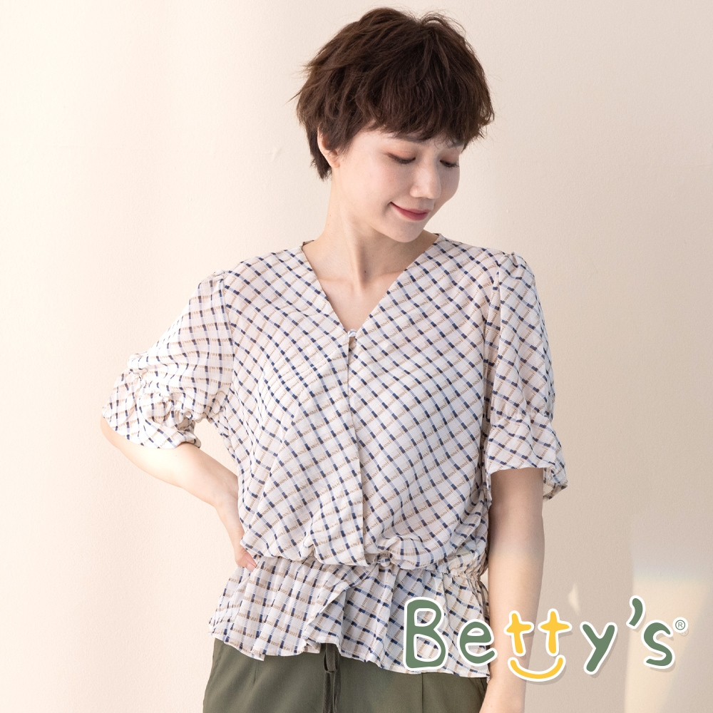 betty’s貝蒂思　交叉荷葉雪紡上衣 (藍格紋)