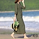 初色 大碼寬鬆素色V領棉麻風五分短袖連身裙洋裝-亞麻綠-67320(M-2XL可選) product thumbnail 1