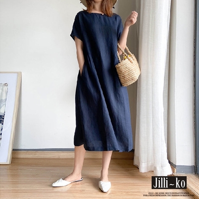 JILLI-KO 純色日系棉麻感連衣裙- 深藍/橘