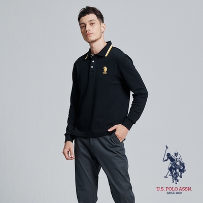 U.S. POLO ASSN. 中馬翻領長袖POLO衫-黑色