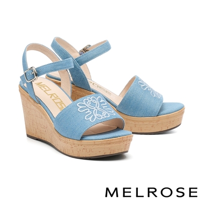 涼鞋 MELROSE 美樂斯 夏日輕旅 浪漫LOGO刺繡花朵寬帶布面楔型厚底涼鞋－藍