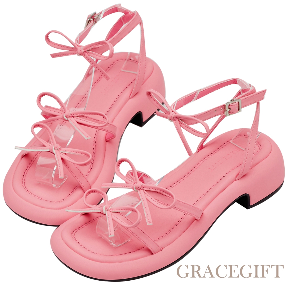 【Grace Gift】氣質細帶蝴蝶結繫踝中跟涼鞋 淺桃紅