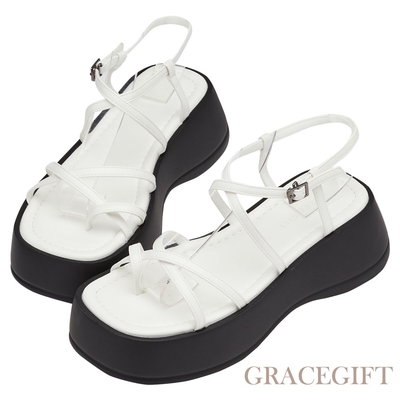 【Grace Gift】交叉細帶雪糕厚底涼鞋 白