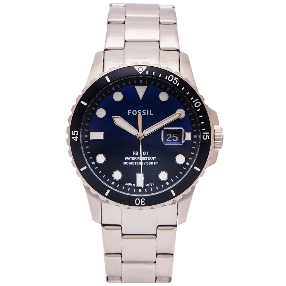 FOSSIL 水鬼款式不鏽鋼錶帶手錶(FS5668)-藍面X銀色/42mm