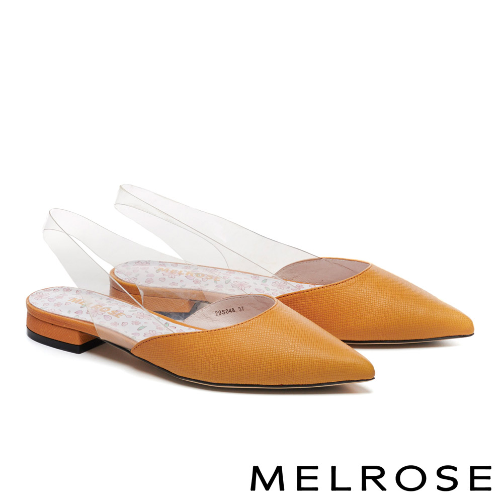 低跟鞋 MELROSE 質感簡約羊皮拼接透明後繫帶低跟鞋－黃