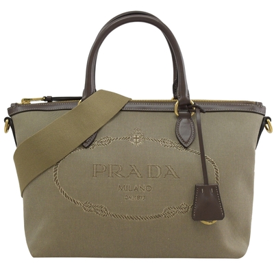 PRADA 復古大LOGO帆布拉鍊兩用手提包(咖)