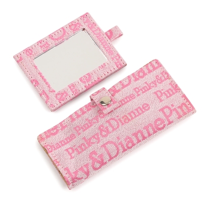 Pinky&Dianne 時尚滿版logo隨身鏡+刷具收納包(粉紅色)