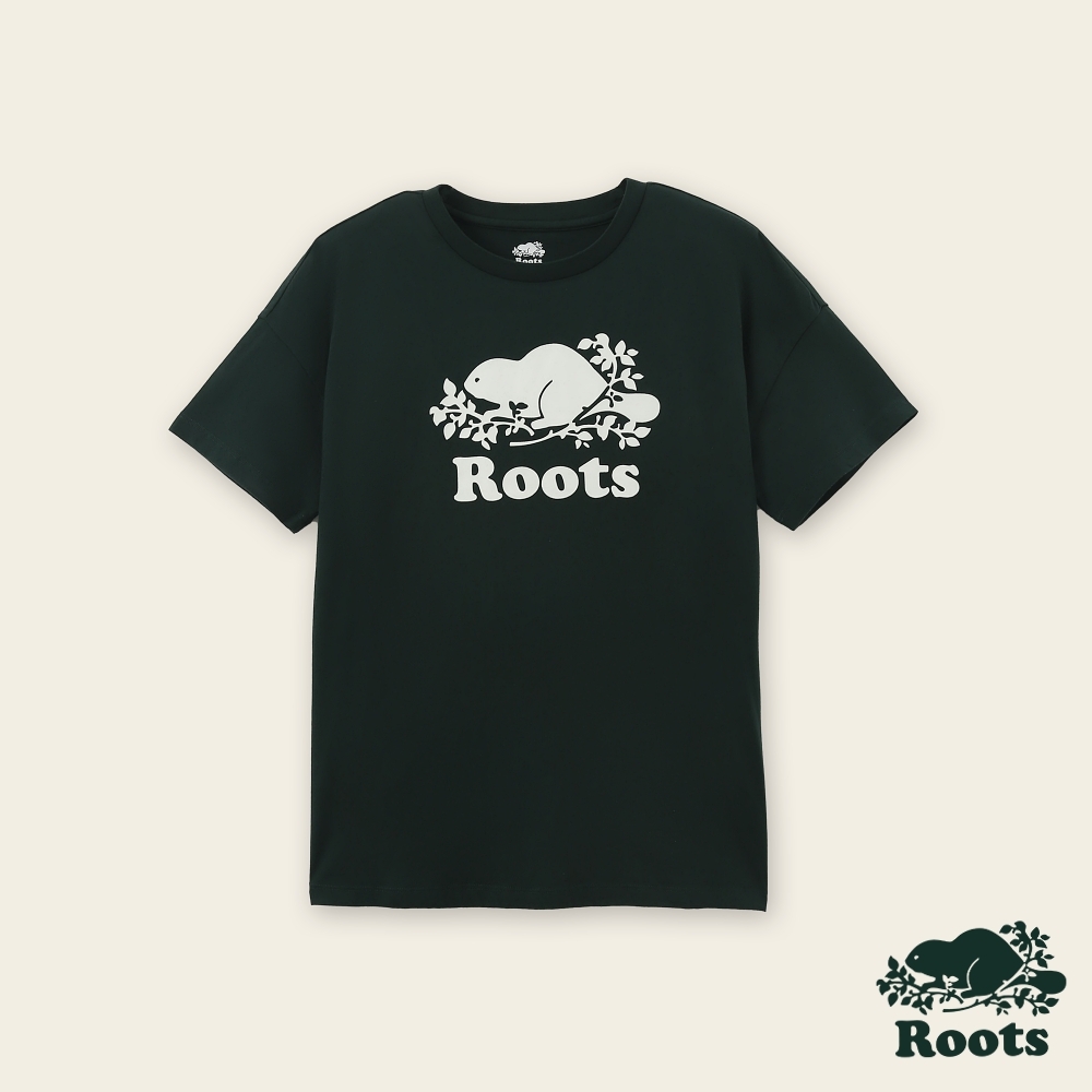 Roots女裝-絕對經典系列 海狸LOGO厚磅寬版短袖T恤-深綠色