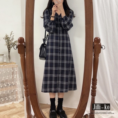 JILLI-KO 韓國chic復古格紋繫帶收腰洋裝- 藍色