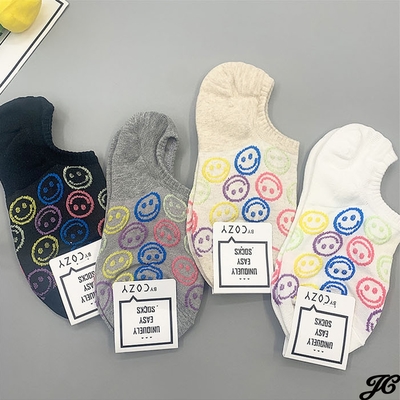 【JC Collection】韓版可愛立體彩色笑臉透氣棉舒適防滑帆船襪4雙1組(黑、白、米、灰)